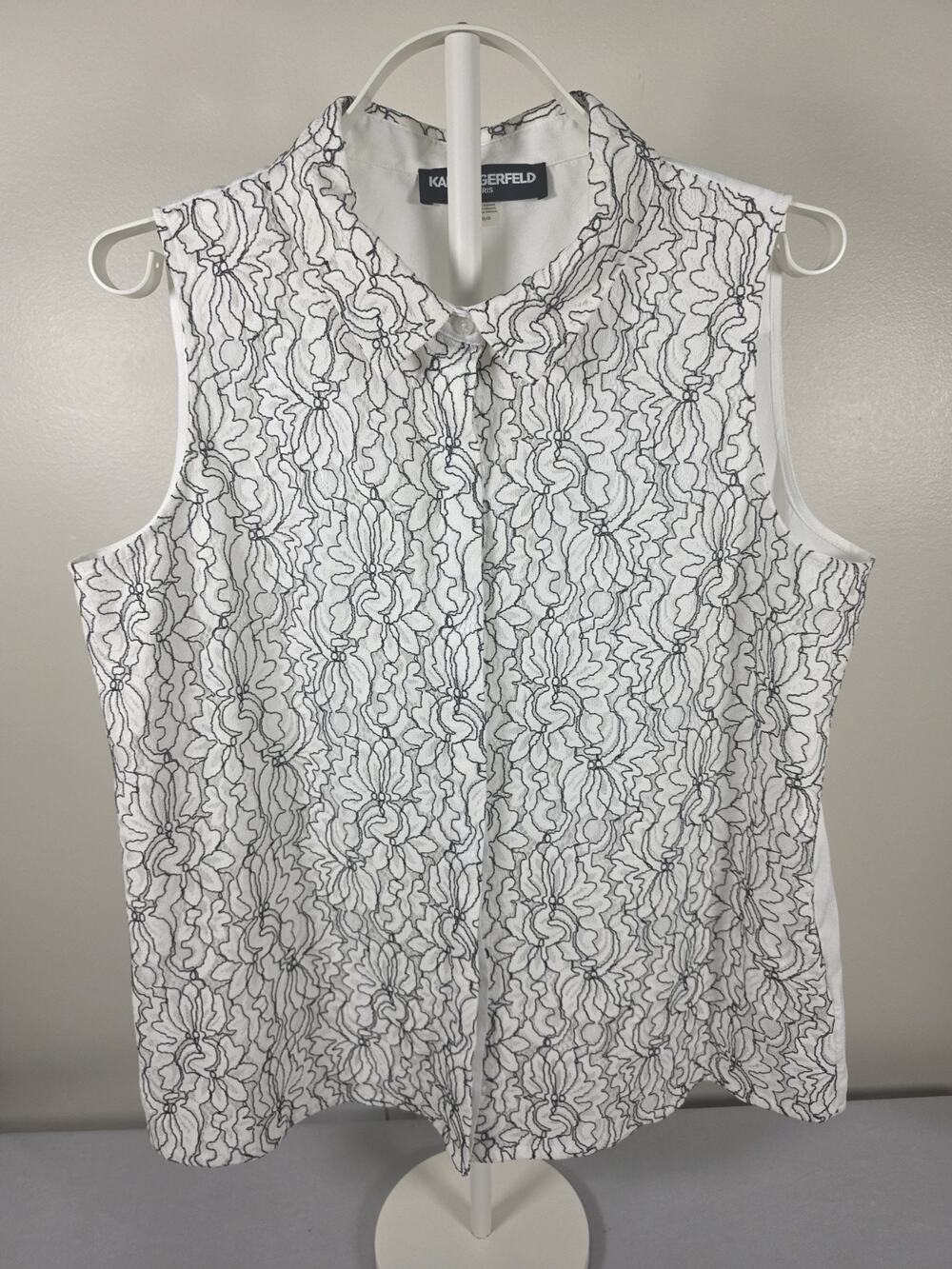Karl Lagerfeld Paris Womens White Black Floral Lace Button Up Blouse L